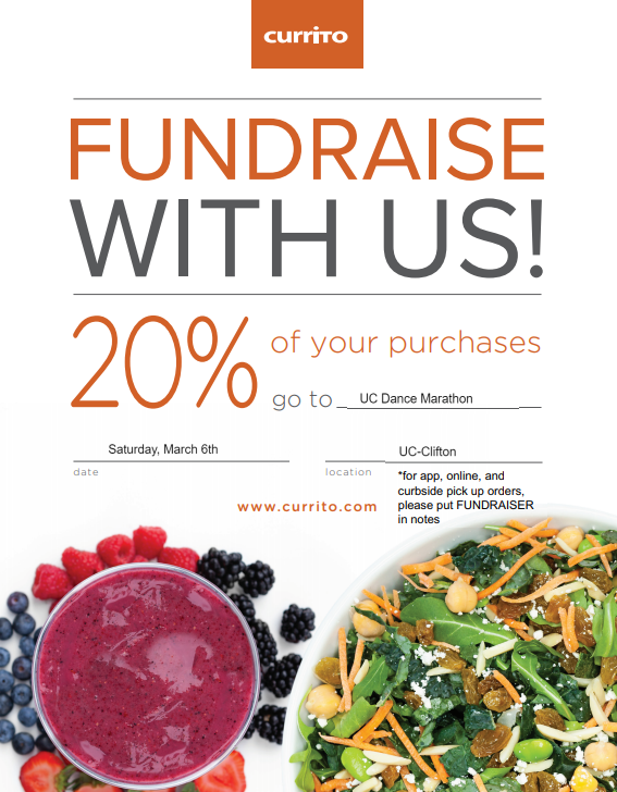 UCDanceMarathon's tweet photo. LUNCH BREAK! Grab something from Bibibop, Pieology, or Currito! 20% of your sale will be donated to Cincinnati Children's! From 12-1pm, don't forget to pick up supplies for our Bob Ross Painting Activity either outside Marian Spencer Hall or on the steps of TUC! #FTK https://t.co/pF4TD6J5iG