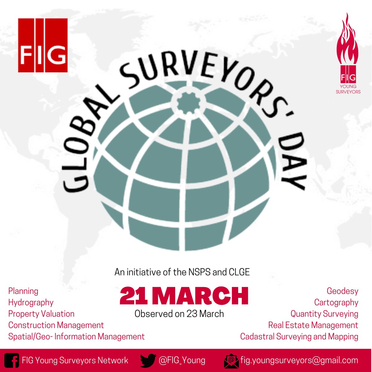 Young Surveyors join our seasoned colleagues, partners, and supporters to recognise the contribution of all aspects of the surveying profession, in exploring the unknown, and managing the known, on earth and in space.
<a href="/FIG_NEWS/">FIG</a> <a href="/_CLGE/">CLGE</a> <a href="/NSPSINC/">NSPS</a> #SurveyorsbyDaySuperheroesbyNight