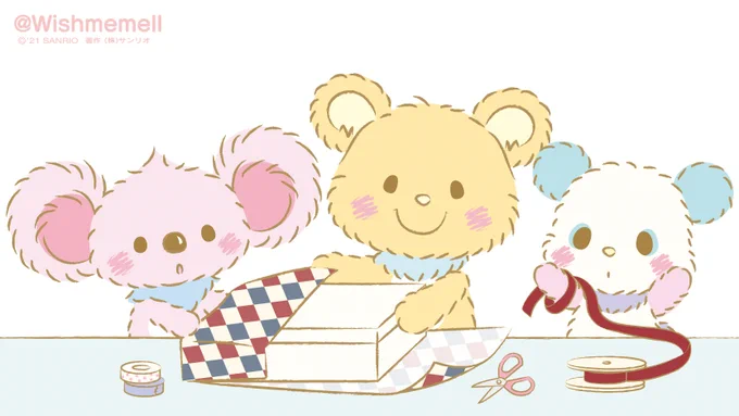 アロとポコとルウが大きな箱をラッピングしているよ!
だれかにプレゼントするのかな? 