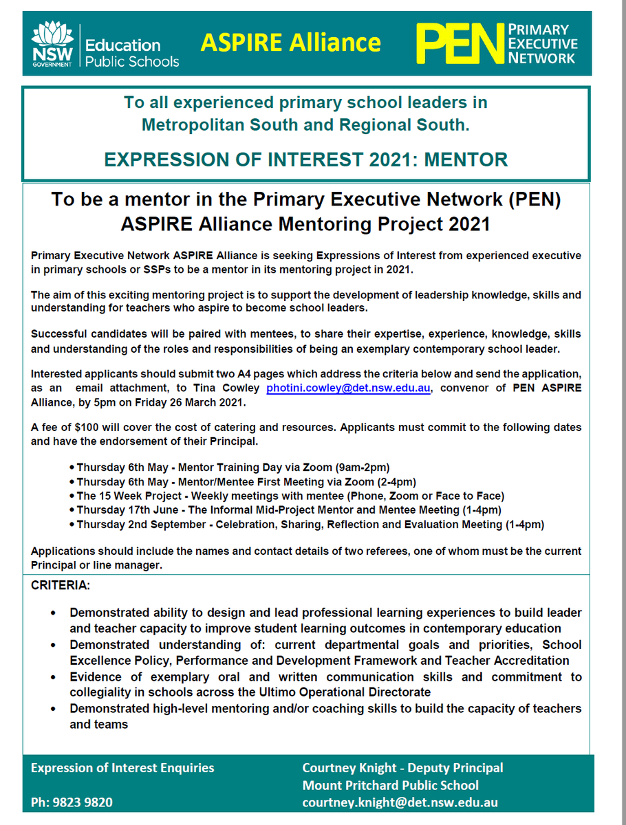 Primary Exec Network (@penconference) on Twitter photo Are you an experienced school leader in Met South or Regional South? PEN ASPIRE Alliance is seeking mentors for their 2021 mentoring project. EOI's due 26/3/21 <a href="/photini_c/">Tina Cowley</a> <a href="/AndrewFielding8/">Andrew Fielding</a> <a href="/CourtneyJKnight/">Courtney Knight</a> <a href="/carla_d_a/">Carla De Angelis</a> <a href="/oliviahermon/">Olivia Hermon</a> <a href="/BrookeBeynon/">Brooke Beynon</a> Are you an experienced school leader in Met South or Regional South? PEN ASPIRE Alliance is seeking mentors for their 2021 mentoring project. EOI's due 26/3/21 <a href="/photini_c/">Tina Cowley</a> <a href="/AndrewFielding8/">Andrew Fielding</a> <a href="/CourtneyJKnight/">Courtney Knight</a> <a href="/carla_d_a/">Carla De Angelis</a> <a href="/oliviahermon/">Olivia Hermon</a> <a href="/BrookeBeynon/">Brooke Beynon</a>
