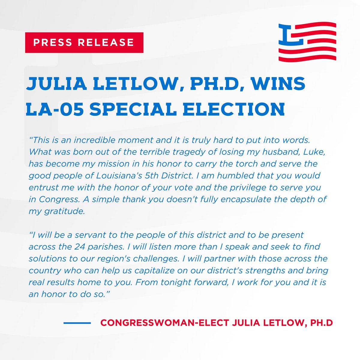 I am humbled that you would entrust me with the honor of your vote and the privilege to serve you in Congress. 

Check out the full press release here: bit.ly/3f1ZcsK