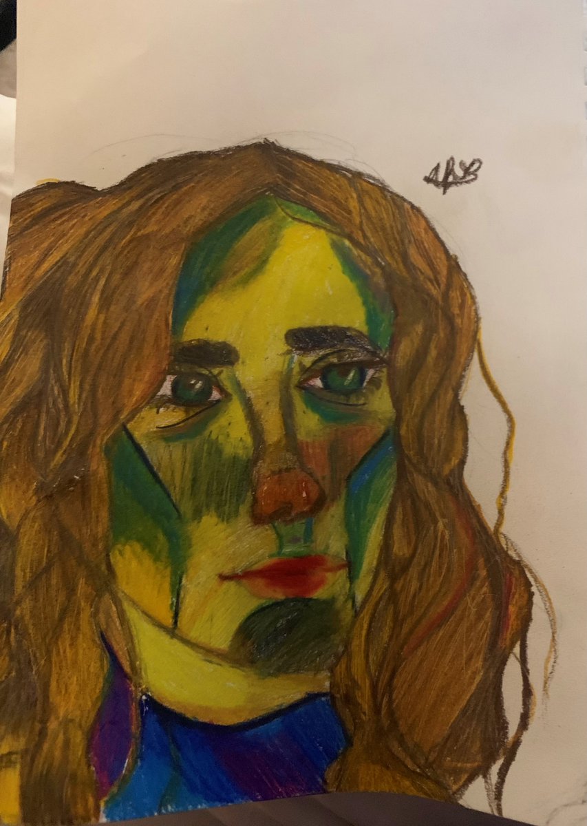 I didn't see the beauty in it at first, when my 13 year old handed it to me.  I was so focused on the colors that I didn't see the face.  It's now framed.  #art #mom #realization