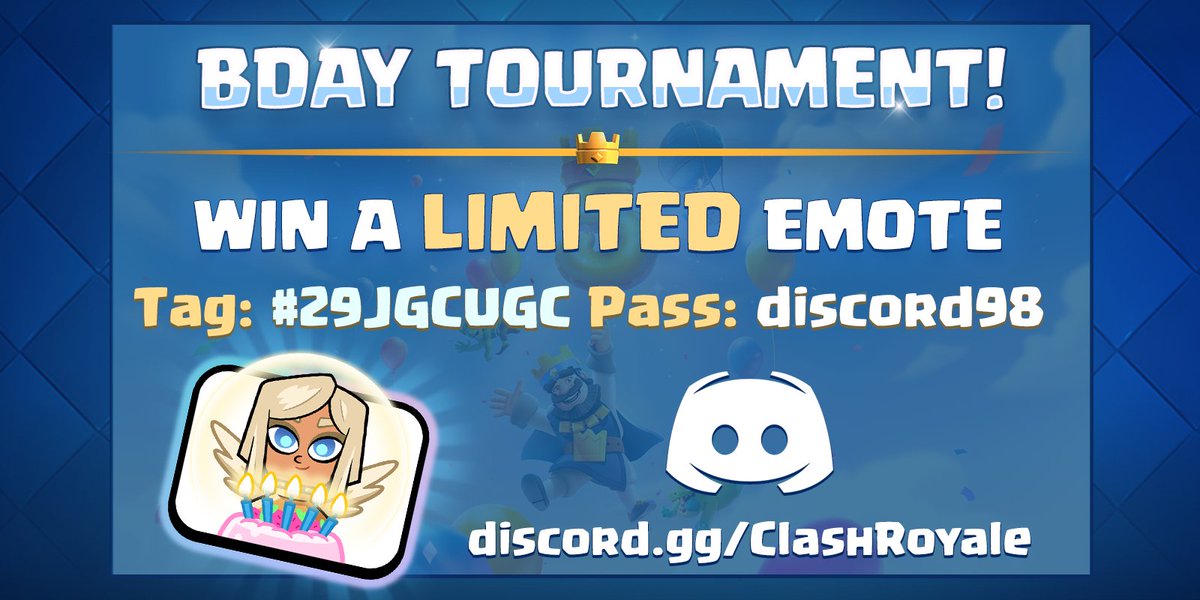 /r/ClashRoyale (@redditcr) on Twitter photo Still need the <a href="/ClashRoyale/">Clash Royale</a> Battle Healer Emote? We got you!
🎂1000 emotes are being given away!
Tournament name: "CR 5th Bday - Discord"
Pass: discord98
Tag: 29JGCUGC
If you already received the emote, do NOT join! Still need the <a href="/ClashRoyale/">Clash Royale</a> Battle Healer Emote? We got you!
🎂1000 emotes are being given away!
Tournament name: "CR 5th Bday - Discord"
Pass: discord98
Tag: 29JGCUGC
If you already received the emote, do NOT join!