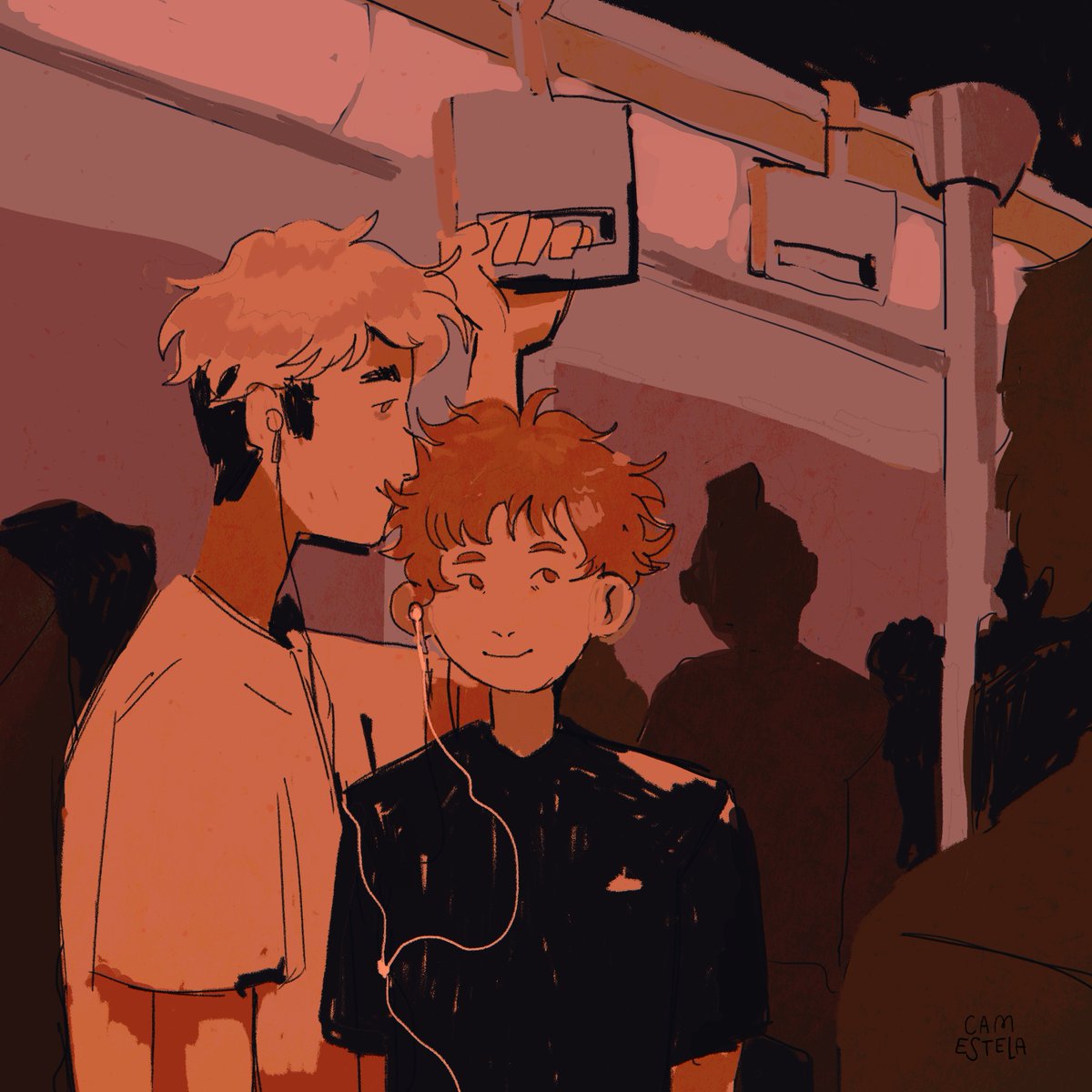 camestela_'s tweet photo. does anyone else also miss the implied homoerotism of being pressed up to someone and listening to music together while you're riding public transport? yeah? i do 
#atsuhina #Haikyuu https://t.co/IUWQSBJrxc