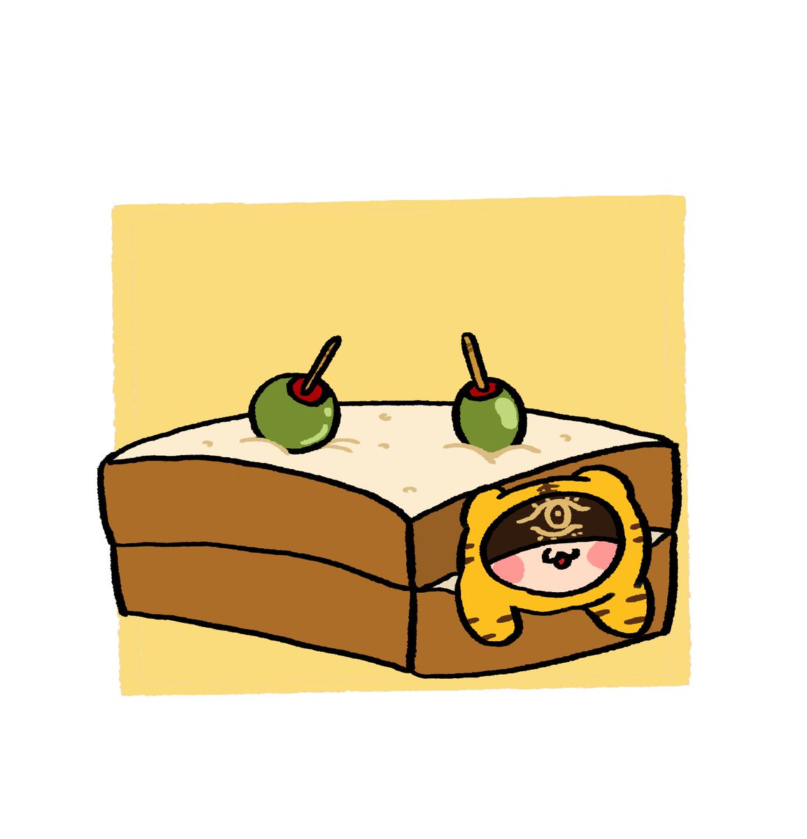 「サンドイッチに挟まれたトラちゃんとギリギリで回避するトラちゃん 」|🥞麦茶🥪(Mugi)のイラスト