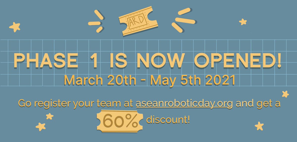 aseanroboticday's tweet photo. 🎫 OPEN REGISTRATION: PHASE 1 🎫

Phase 1 is now opened! Register your team on https://t.co/zOwwznje3X and get a 60% discount! 💸

But remember, it only last 'till May 5th!

Join now! https://t.co/eXaHHuXR8T