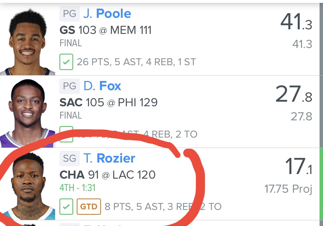 AwesemYo's tweet photo. Hey @FanDuel - can you have one of your programmers just design an icon that says, I dunno:

[IG] - INJURED IN GAME 
[RU] - RETURN UNKNOWN
[HD] - HE DED

So you don’t have to use the  [GTD] - GAME TIME DECISION icon mid-game making you look silly? 

Thanks, 
Everyone, Everywhere https://t.co/N9Z9LUmSmA