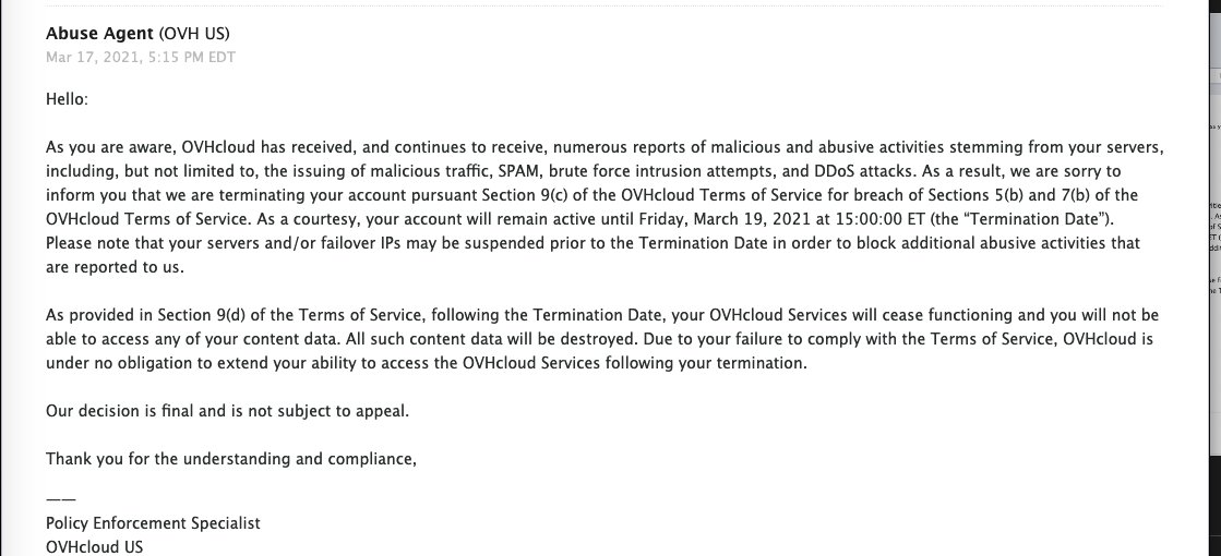 CypherPunkLabs's tweet photo. Disclosure of termination notice that was received. I am still actively searching for another provider. Abuse reports are the biggest problem, exits are always facing adversaries. https://t.co/alx44Hx099