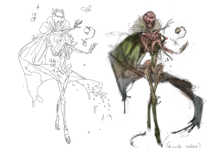Lich iterations! Final was settled on pretty quick. She's a half-elf, so I wanted to make her skull just sliiightly non-human. I liked the pink bones a lot.
AD: Kate Irwin 