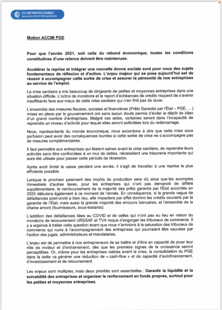 AssoCCiM's tweet photo. Les CCI métropolitaines déposent une motion auprès de @Economie_Gouv @BrunoLeMaire à propos des #PGE. 2 priorités : garantir la liquidité &amp; la solvabilité des entreprises + organiser le renforcement de fonds propres pour les TPE/PME. Propositions de @AssoCCiM @chauvinjl ⤵️ https://t.co/C4ZzqVyhqf