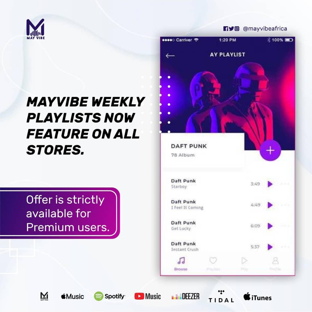 Mayvibeafrica's tweet photo. Mayvibe weekly playlist is now available on all digital stores including Spotify, Apple music, Deezer, Boomplay, Audiomack, etc.

Offer is strictly available for premium users.

Upgrade your mayvibe account today to get featured on our playlists alongside top trending artistes, https://t.co/4yW6cJAis6
