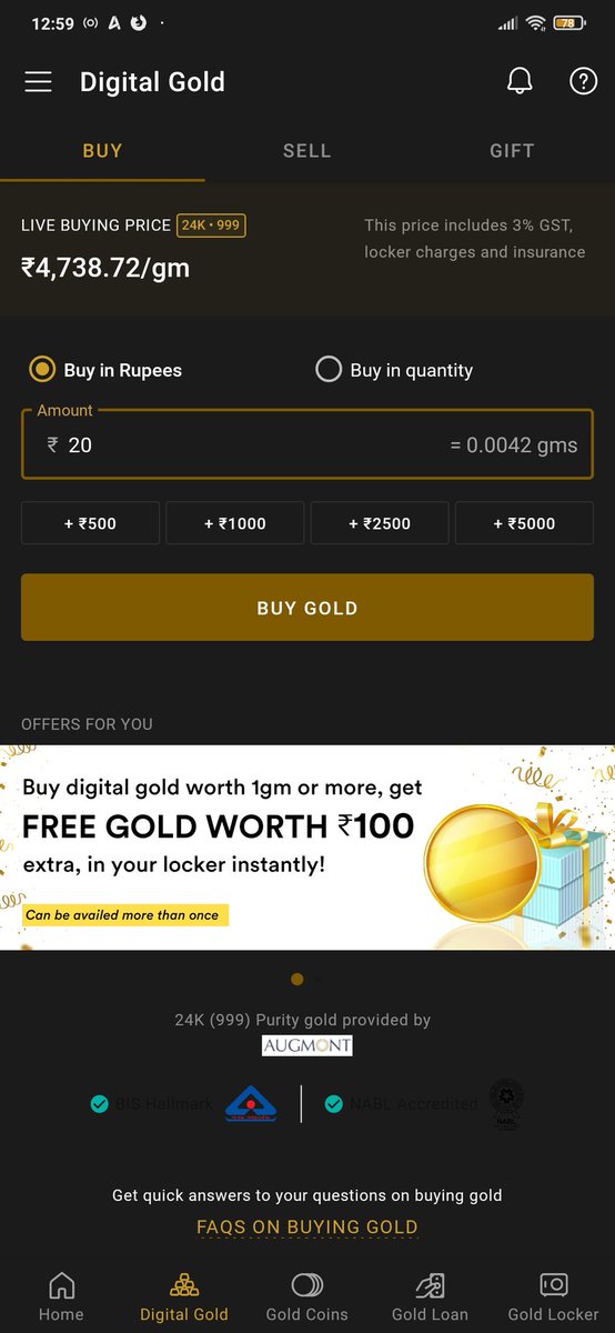 sohabran_pundir's tweet photo. @paulfinneyx @smallcaseHQ @ICICIBank @INDmoneyApp @WazirXIndia @BinanceLabs @PhonePe_ @GooglePay @Paytm @_groww @zerodhakite @indiagoldco @CRED_club Why do you use #IndGold when there are better prices available on purchase of digital gold on @Kuvera_In https://t.co/p4BMt3APOb