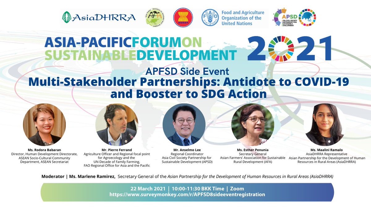 AsianFarmers's tweet photo. Join the #APFSD8 Side Event "Multi-stakeholder Partnerships: Antidote to Covid19 &amp; Booster to SDG Action" where CSOs, govts &amp; UN agency will showcase initiatives on #Covid19 recovery &amp; SDGs under review &amp; update participants on frameworks &amp; action plans to overcome the pandemic. https://t.co/tNUvg52kY0