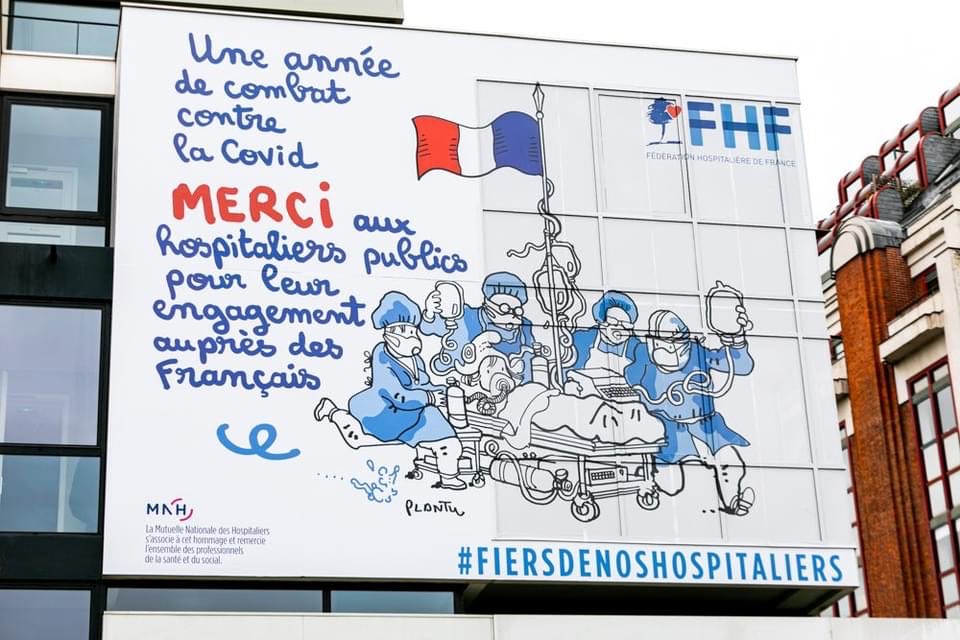 #fiersdenoshospitaliers #JOURNÉE HOMMAGE

🔹L'affichage d'un dessin signé Plantu a été révélé hier sur la façade de la FHF rue Cabanis à Paris, date anniversaire du 1er confinement.