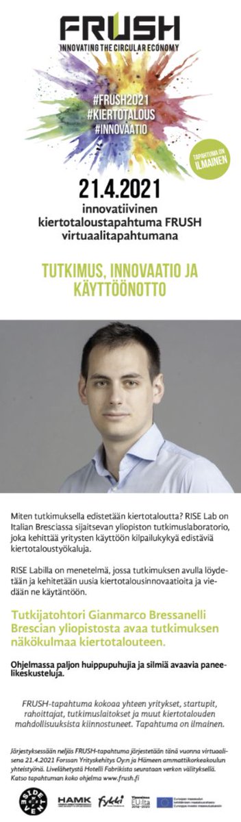 The next 21.4.2021 I'll hold a speech at @frush2021 on how industrial organizations and #manufacturing companies can (successfully) start in approaching the #CircularEconomy
(hope the speech will be in English, not in Finnish) 😂