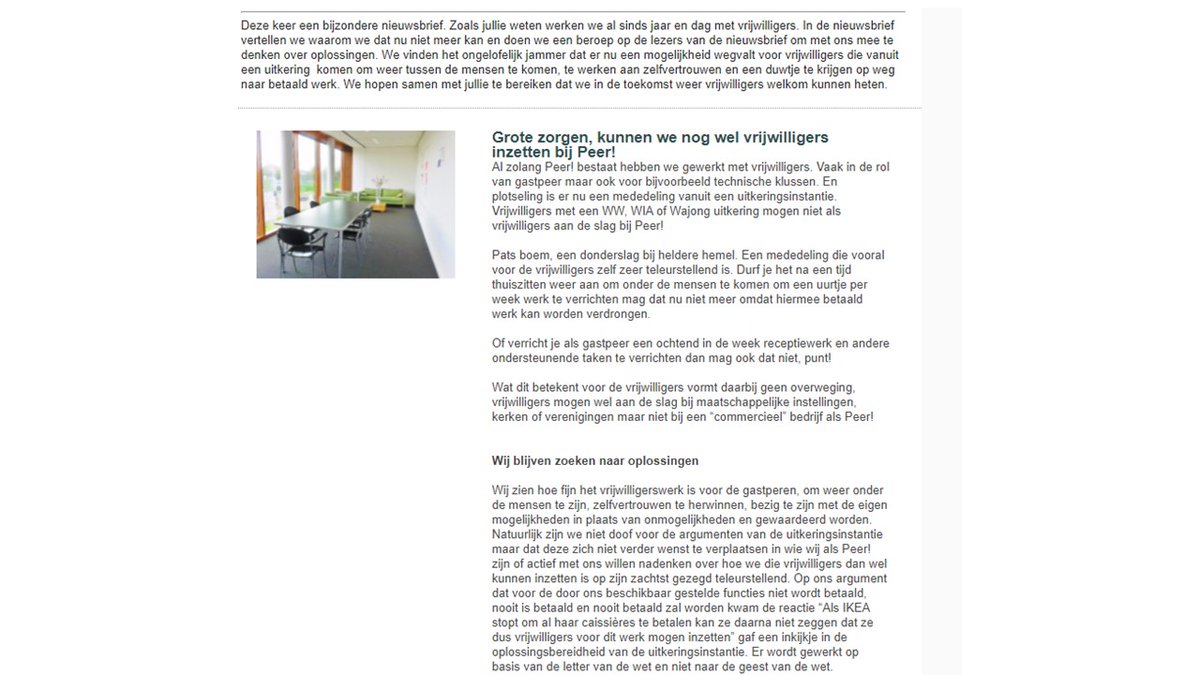 Mensen met WIA, WW of Wajong #uitkering mogen van het <a href="/UWVnl/">UWV</a> niet meer vrijwilligerswerk doen bij mooie initiatieven als <a href="/Peer033/">Peer!</a>, waar mensen in een fijne omgeving weer tot bloei komen. We gingen toch terug naar de menselijke maat? @TofThissen