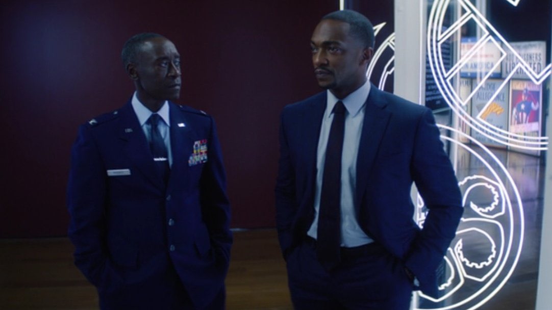 civiIswar's tweet photo. tfatws spoilers #TheFalconAndTheWinterSoldier     #FalconAndWinterSoldier 
,
,
,
rhodey and sam wilson interacting again for the first time since infinity war https://t.co/in0df5w8we