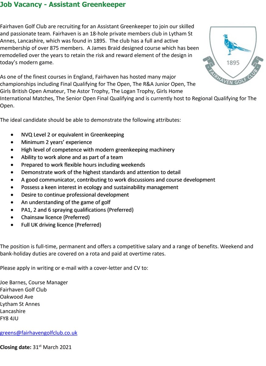 FairhavenGolf's tweet image. A great opportunity to join Fairhaven Golf Club as an Assistant Greenkeeper has arisen. Please see attached for details of how to apply.

Closing Date 31st March 2021

#greenkeeping