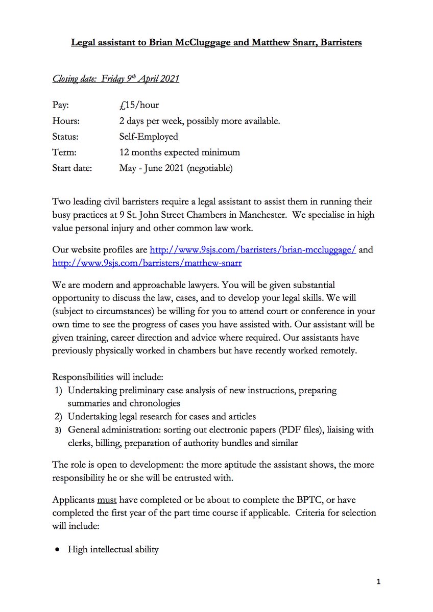 MatthewSnarr's tweet photo. I am looking for a new legal assistant - a good opportunity for potential barristers / lawyers - see advert below. https://t.co/EgFIXyJWJC