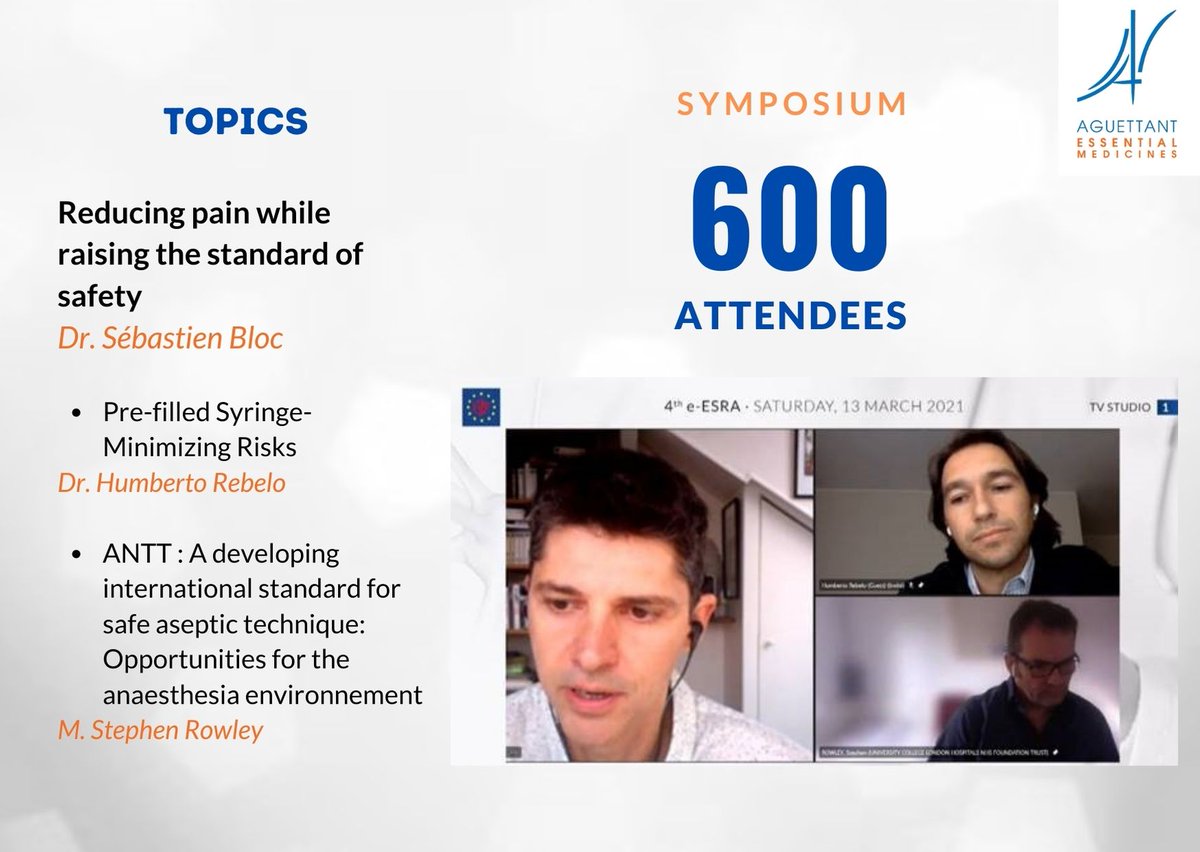 Very interesting and popular symposium “Reducing pain while raising the standard of safety” with more than 600 delegates connected, during the last esra.e-congres.com. 

Our deepest thanks go to Dr. Humberto Rebelo, Stephen Rowley &amp; Dr. Sebastien Bloc.

#ESRA2021 #Congress