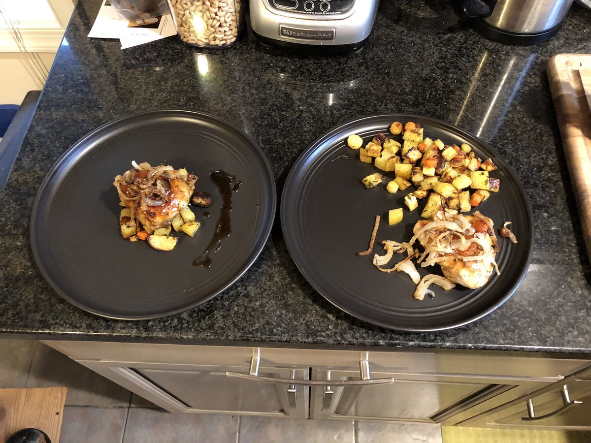 How I plate dinner (right) versus how he plates dinner (left) 😂