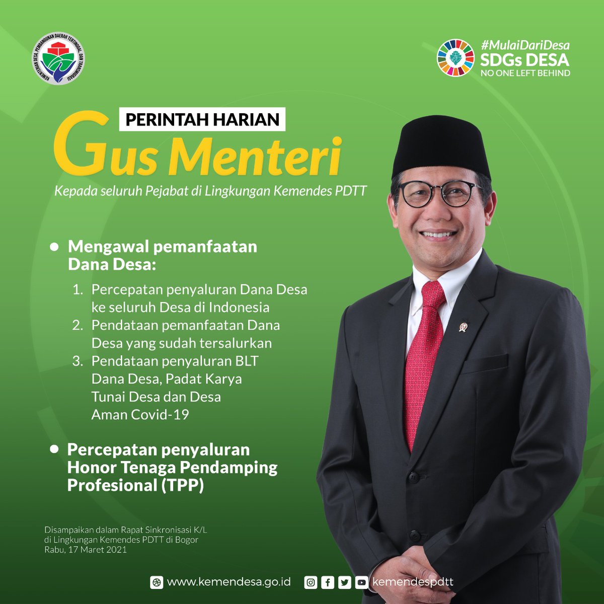 kemendespdt's tweet photo. Perintah Harian #GusMenteri Abdul Halim Iskandar @halimiskandarnu, apa saja?

Yuk #SobatDesa, kita simak informasinya.

#SDGsDesa
#MulaiDariDesa
#DesaBisa
#KemendesPDTT https://t.co/DxBaj1Xceb