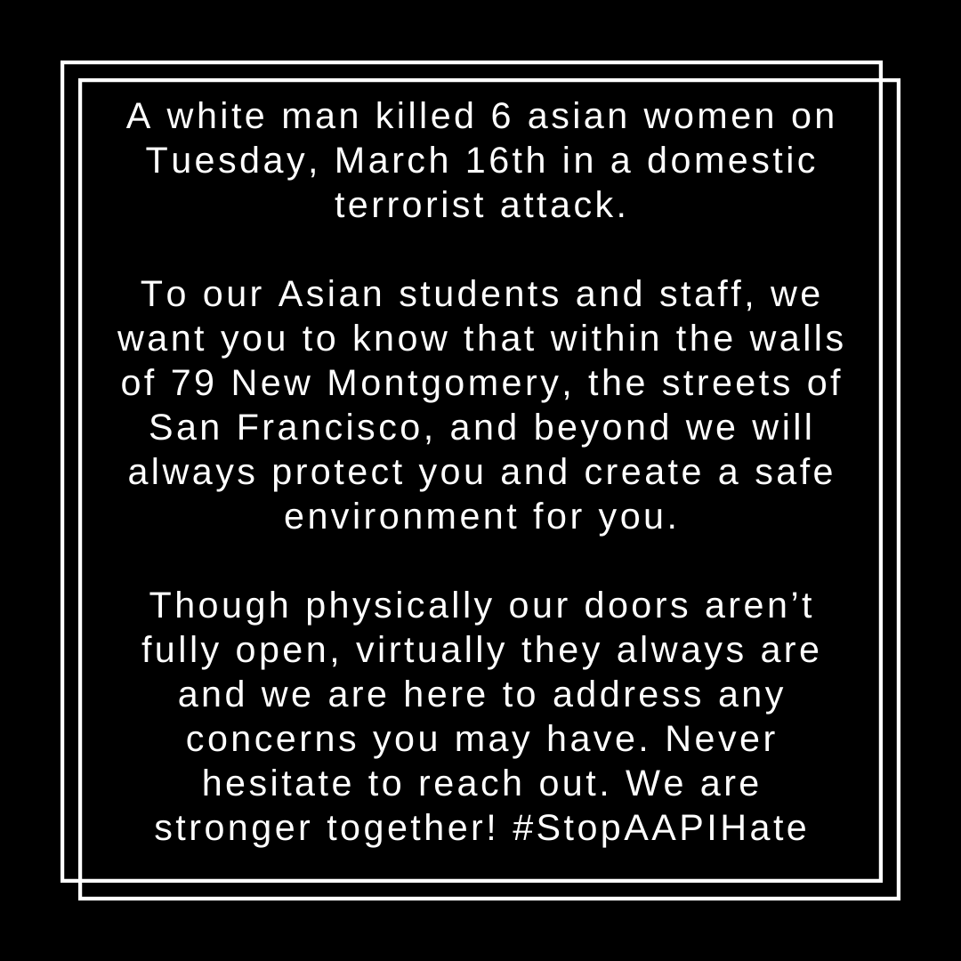 AcademyArtCOM's tweet photo. To our Asian students &amp; staff, please know that we will always create a safe &amp; protective environment for you.

Though not fully open physically, our doors are always open virtually &amp; we are here to support you. Never hesitate to reach out. We are stronger together! #StopAAPIHate https://t.co/3kksMFvhtc