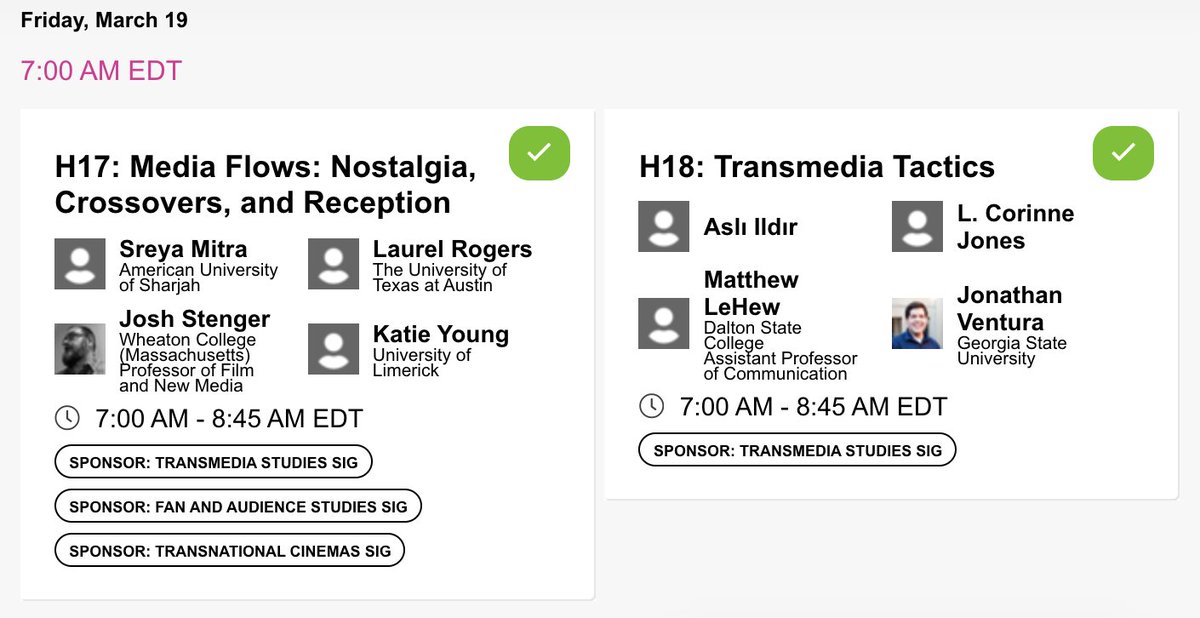 SCMSTransmedia's tweet photo. Hope everyone is having a great SCMS so far! The Transmedia SIG has 4 sponsored panels on Friday! At the start of the day, join us in panels H17 or H18, and at the end of the end, we're sponsoring panels M13 and M17! #SCMS2021 #SCMS21 https://t.co/PxZAoZYSpW
