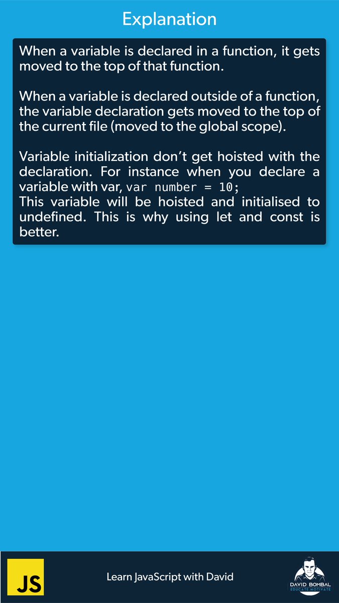 davidbombal's tweet image. Learn JavaScript with David - Hoisting
#JavaScript #JavaScriptProgramming #JS #WebDev