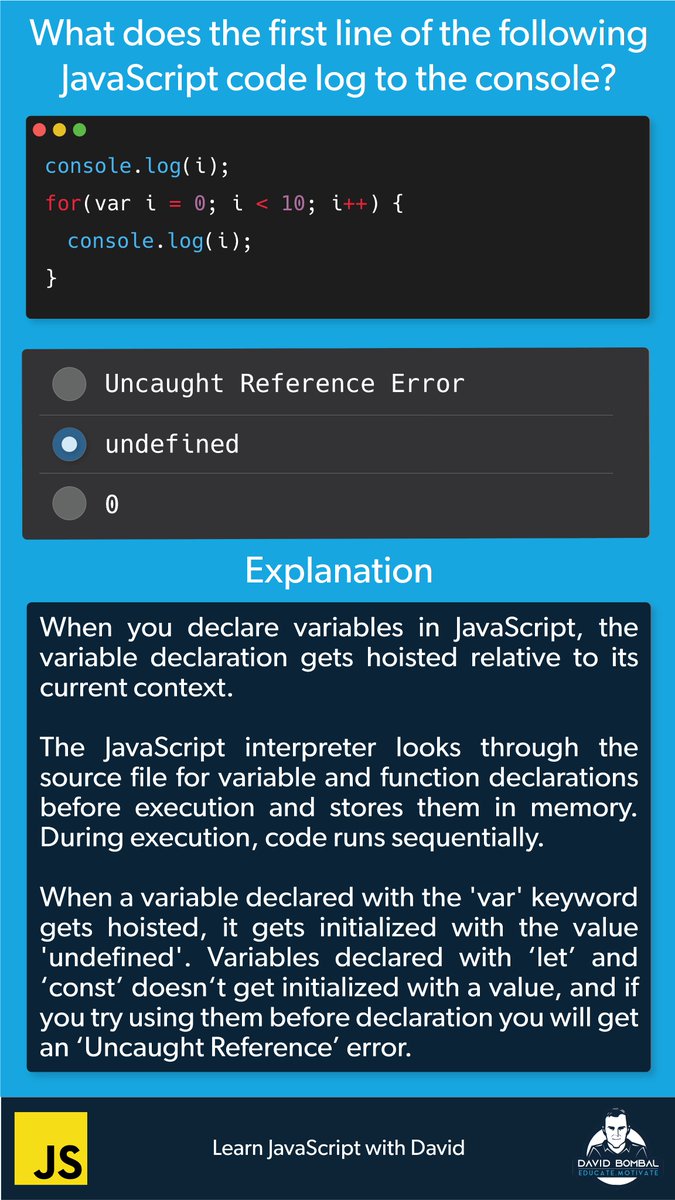 davidbombal's tweet image. Learn JavaScript with David - Hoisting
#JavaScript #JavaScriptProgramming #JS #WebDev
