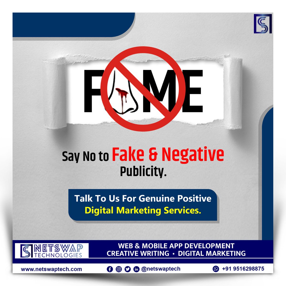 swapnil_karma's tweet image. Say No to Fake &amp;amp; Negative Publicity.
Use our #DigitalMarketing Services for positive genuine reach,engagements.
@ netswaptech.com .

#NetSwapTechnologies #SEO #SMO #webdevelopment
#mobileapps #CreativeWriting
#Bengaluru #zomatodeliveryboy #zomatodeliveryguy #socialMedia
