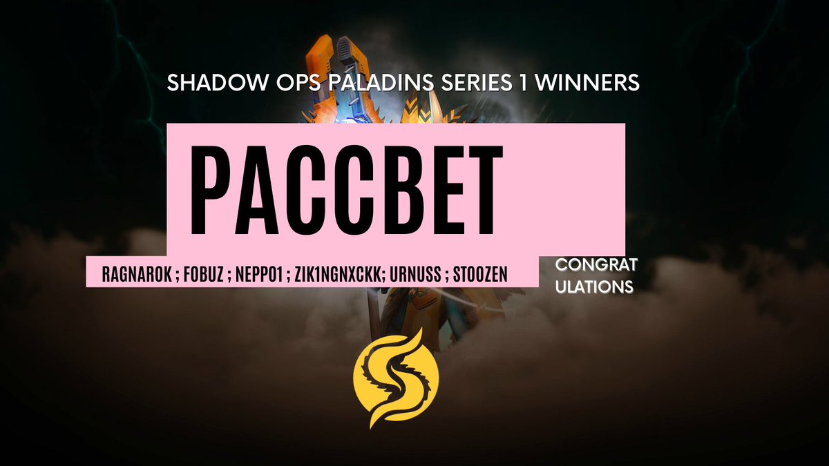 ShadOpsLeague's tweet photo. Ladies and gentlemen we have crowned the champion of the Shadow Ops Paladins Series 1 . 

Team PACCBET is victorious! They managed to win it all. 

Congratulations to them and thanks to everyone for being part of the league.

2nd place goes to Freakshow
3rd place Monkiflips https://t.co/LMEDfDflX3