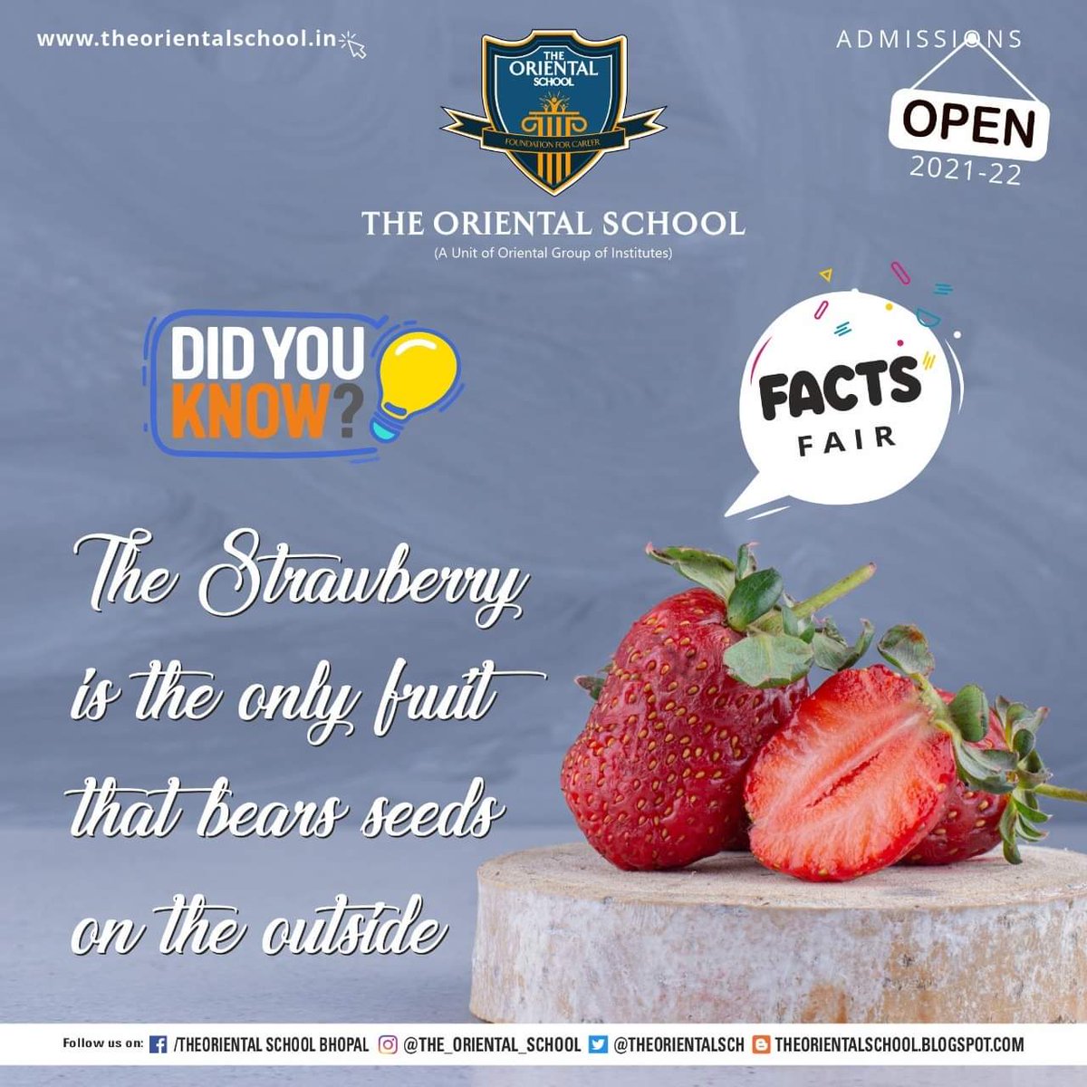 TheOrientalSch's tweet photo. Did you know?
This fact about Strawberry!
#TheOrientalSchool
#TopSchoolBhopal #Education #PrimarySchool #CBSESchool
#BestSchool #BetterFuture #DayCareFacility #BestInfraStructure
#AdmissionsOpen2021
#TheBestEducation #Covid19 #StayHealthy #StayPositive #StayFitAtHome #StayHome https://t.co/IM7GGBPrAq