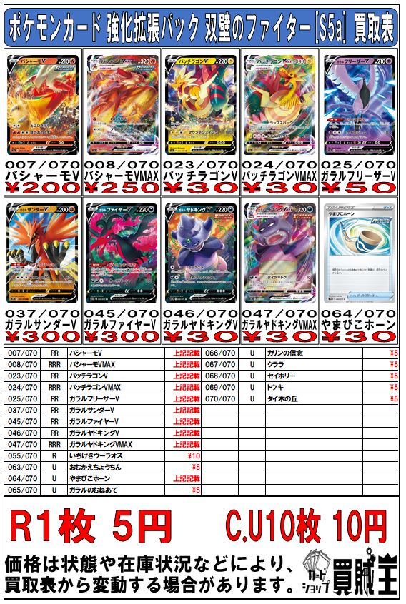 買賊王 中野ブロードウェイ店 ２ｆ Sur Twitter 買取情報 ポケモンカード 最新弾 双璧のファイターの買取表更新しました バシャーモv 0 バシャーモvmax 250 ガラルフリーザーv 50 ガラルサンダーv 300 ガラルファイヤーv 300 やまびこホーン 30 最低保証等