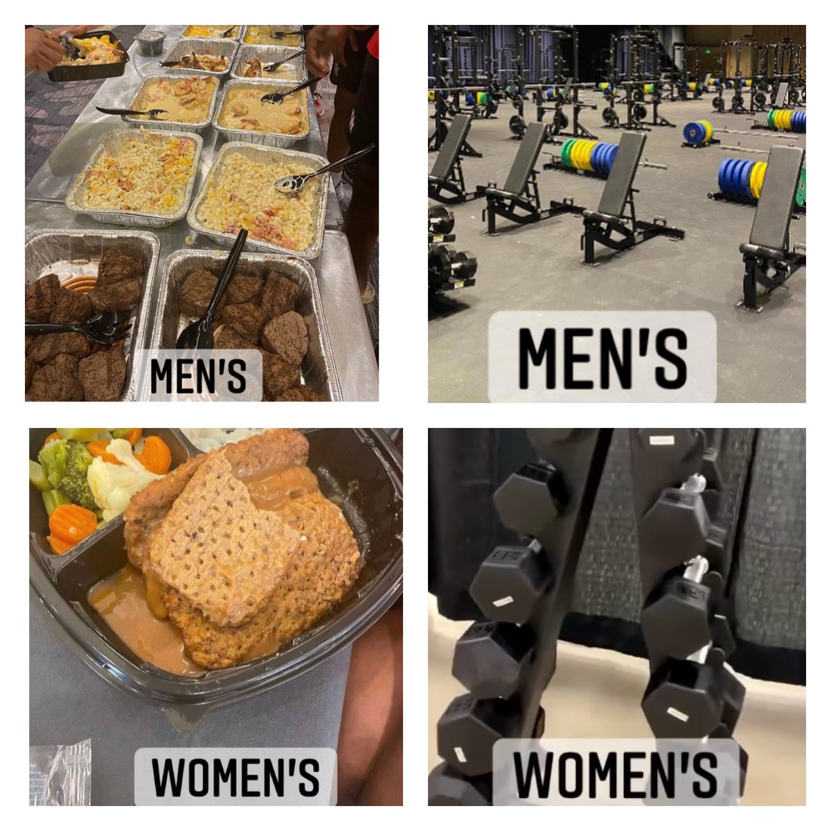 SheplaysY's tweet photo. I have no words for this. I mean this has happened everyday of my 42 years, but there is no reason all these college athletes are not being treated equal?!? These are colleges athletes and this is the message your sending them! #unacceptable #NCAATournament2021 @ncaawbb @NCAA https://t.co/1ciTpnIfgm