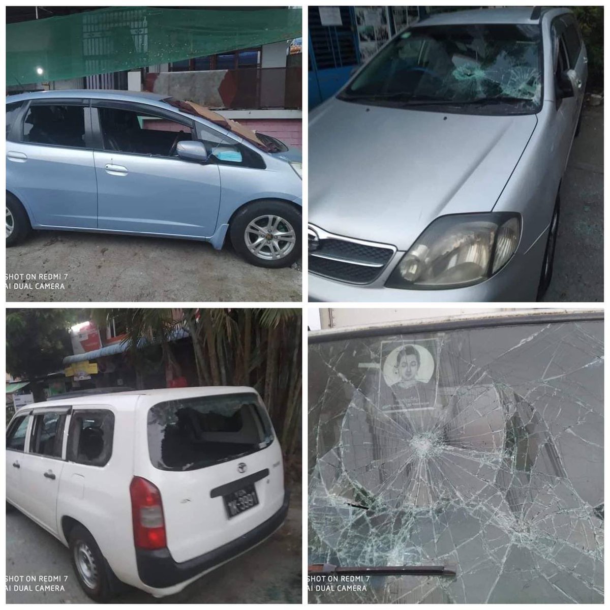 Khin70889945's tweet photo. Military junta terrorists destroyed around 30 cars parked on the side of NgaMoeYate street, Thingangyun. They also sweared and threatened people's lives with guns.
R2P NOW
#WhatsHappeningInMyanmar
#Mar19Coup https://t.co/KrheMfIoJ5