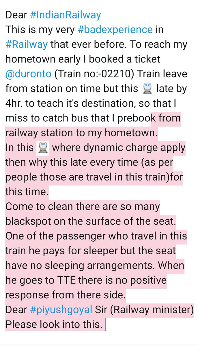 JPSahoo25's tweet photo. Dear #IndianRailways #badexperience #02210(Duronto express) #dynamic charge #cleanliness #latearrival (by 4hrs) #facilities for sleeper 
Dear #piyushgoyal Sir(Railway minister)
Look into this https://t.co/PkvQh3fiIn
