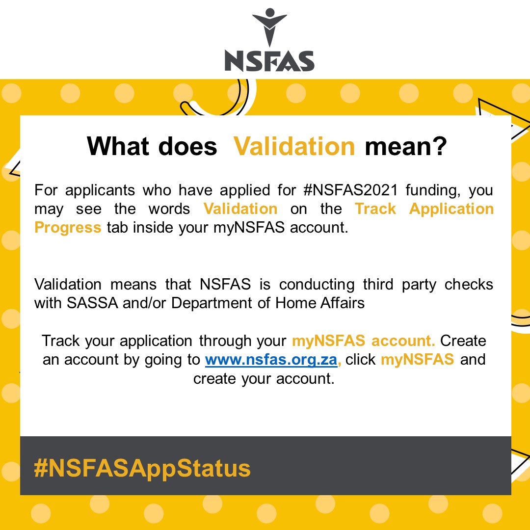 myNSFAS's tweet photo. Happy Friday Mzansi :)
Get to know the #NSFASAppStatus application progress steps by checking out this poster to find out what Validation means https://t.co/3Gq06qBoPT