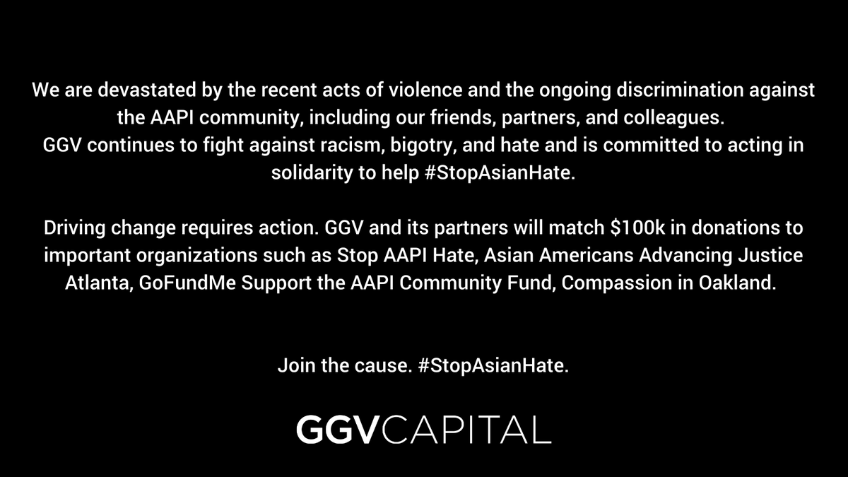 Notable Capital (@notablecap) on Twitter photo Join us to #stopAsianhate .
We will match $100k in donations to important organizations such as <a href="/StopAAPIHate/">Stop AAPI Hate</a>, <a href="/AAAJ_Atlanta/">AdvancingJusticeATL</a>, <a href="/gofundme/">GoFundMe</a> Support the AAPI Community Fund, <a href="/CompassionInOak/">Compassion In Oakland</a>.
Reply or DM with receipts. We’re in this together.
cc: <a href="/hanstung/">Hans Tung</a> <a href="/glennsolomon/">Glenn Solomon</a> <a href="/jrichlive/">Jeff Richards</a> Join us to #stopAsianhate .
We will match $100k in donations to important organizations such as <a href="/StopAAPIHate/">Stop AAPI Hate</a>, <a href="/AAAJ_Atlanta/">AdvancingJusticeATL</a>, <a href="/gofundme/">GoFundMe</a> Support the AAPI Community Fund, <a href="/CompassionInOak/">Compassion In Oakland</a>.
Reply or DM with receipts. We’re in this together.
cc: <a href="/hanstung/">Hans Tung</a> <a href="/glennsolomon/">Glenn Solomon</a> <a href="/jrichlive/">Jeff Richards</a>