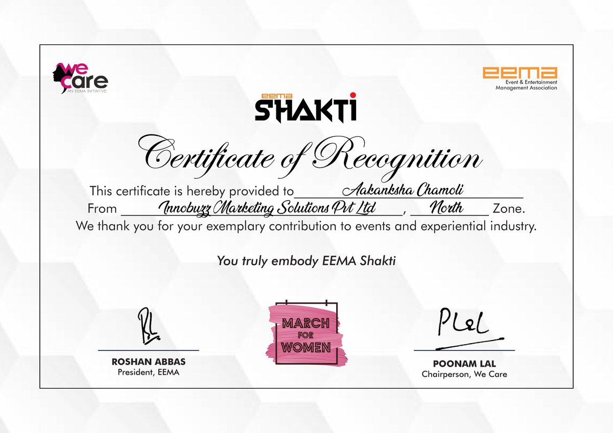 We salute our EEMA Shakti's and would like to extend our warm congratulations to all!

1.Bhavika Raniwala, Mapsor Advertising & Events Pvt Ltd, Jaipur, North
2. Aakanksha Chamoli, Innobuzz Marketing Solutions Pvt Ltd,New Delhi, North

Keep inspiring!!!
#Marchforwomen https://t.co/UyVxI5cDnB