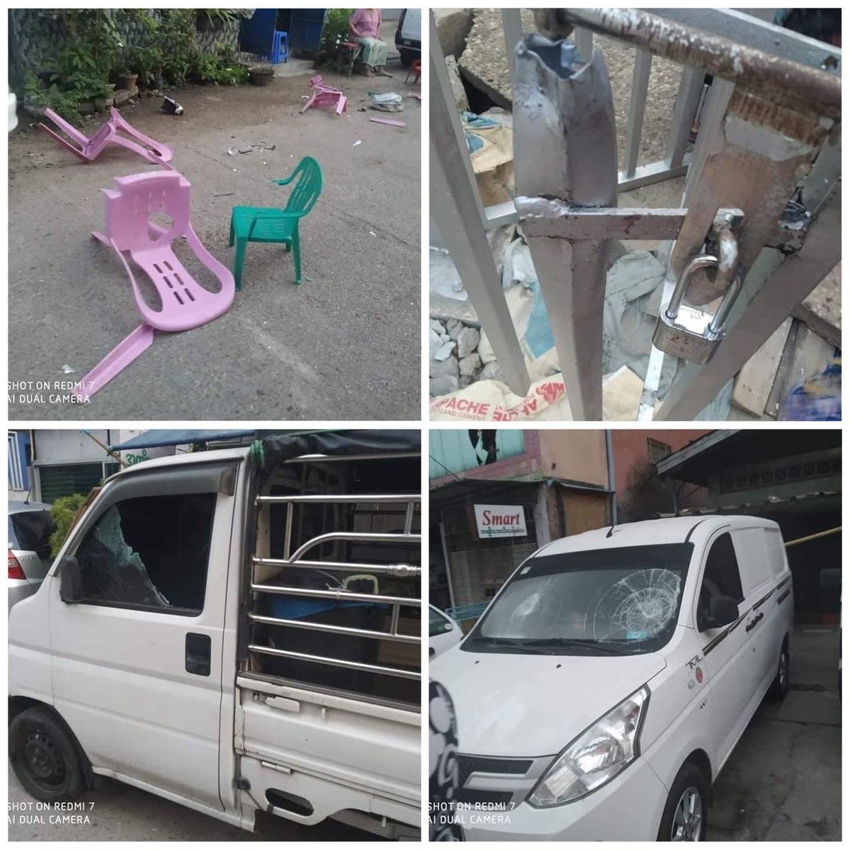 Military junta terrorists destroyed around 30 cars parked on the side of NgaMoeYate street, Thingangyun. They also sweared and threatened people's lives with guns.
R2P NOW
#WhatsHappeningInMyanmar
#Mar19Coup