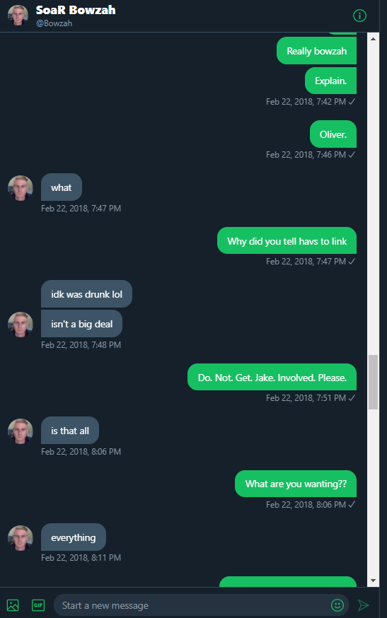 uselessfame's tweet photo. 2 weeks after I turned 18, Bowzah messaged me asking for me to send him nudes. When saying I'm too shy and nervous for that, he proceeded into asking Havents for linked videos of minor me, reason being "drunk". After this happened I got scared and just sent him photos
Abusive Man https://t.co/TPvxlNaQVo