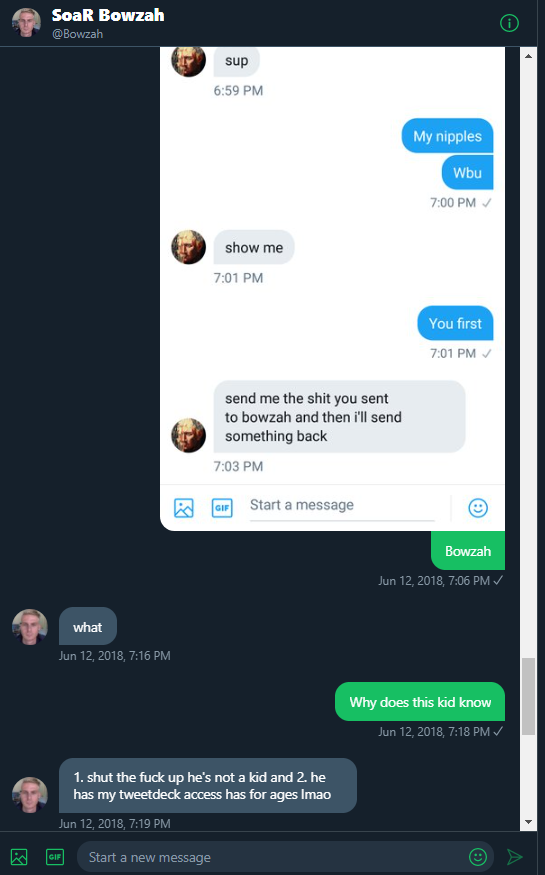 uselessfame's tweet photo. 2 weeks after I turned 18, Bowzah messaged me asking for me to send him nudes. When saying I'm too shy and nervous for that, he proceeded into asking Havents for linked videos of minor me, reason being "drunk". After this happened I got scared and just sent him photos
Abusive Man https://t.co/TPvxlNaQVo