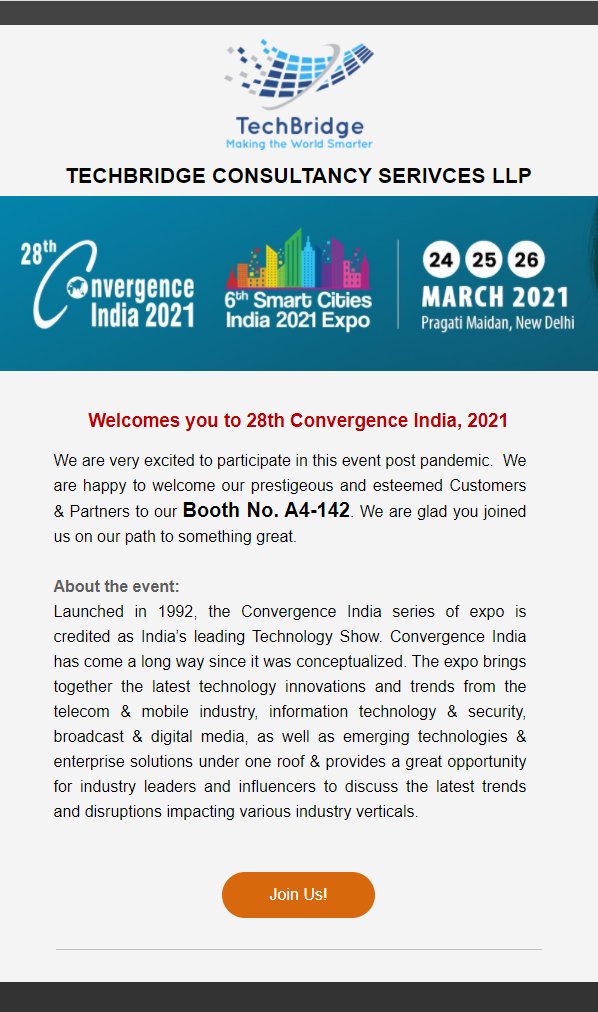 techbridgeindia's tweet image. TechBridge cordially invites you to 28th Convergence India 2021 at Pragati Maidan, New Delhi on 24th-26th March, 2021
#smartcitiesindia #datacentermonitoring #datacentersecurity #makeinindia #unifiedcommunications #convergenceindia #convergence2021 #collaborationsolutions