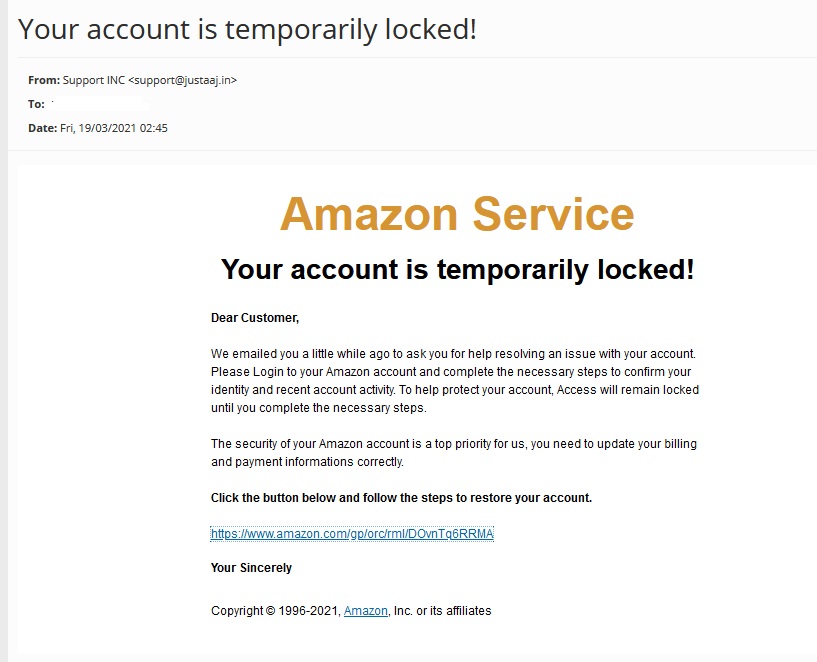 Jameswt On Twitter Phishing Amazon Amazonit Your Account Is Temporarily Locked Redirect Hxxp Veto Lv Wp Content Plugins Emvbwvpvjt Red Php Final Domain Hxxps Www Gugaribas Com Br Wp Content Languages Ama Amazon Az Login Https T Co