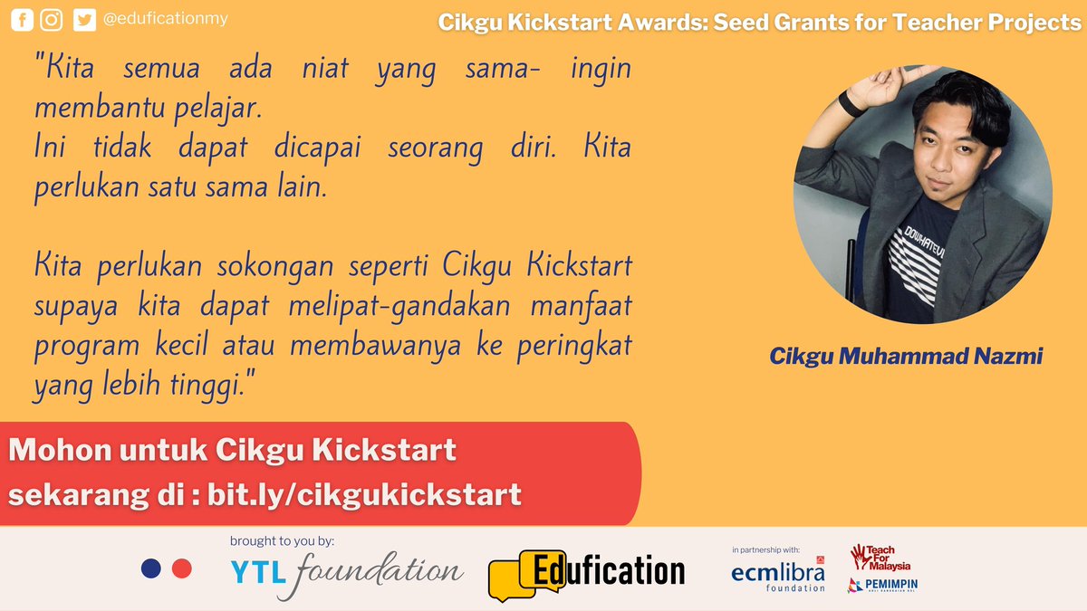 Anda seorang guru yang mempunyai idea tetapi tiada dana? 

Sertai 'Cikgu Kickstart' dan akan bakal memenangi RM2,000 hingga RM6,000 seorang, demi merealisasikan idea anda!