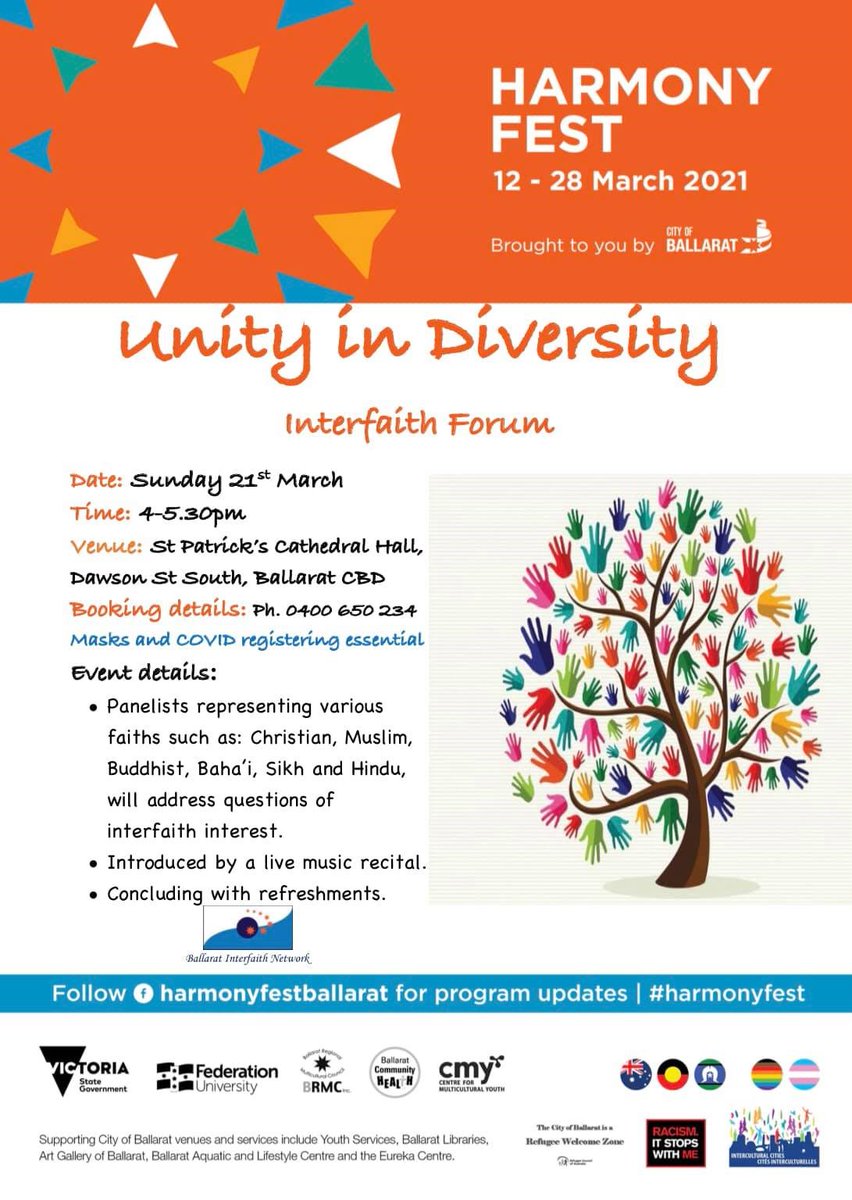 BRMCVic's tweet photo. Unity in Diversity - Interfaith Forum on this Sunday at 4pm.
Panelists representing various faiths such as: Christian, Muslim, Buddhist, Baha'i, Sikh and Hindu, will address questions of interfaith interest. #harmonyfest
Contact 0400 650 234 to register. https://t.co/bnNj7LBh0j