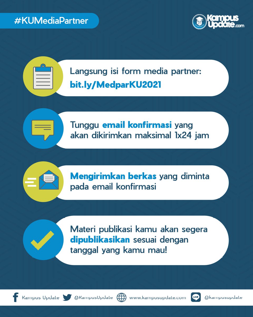 KampusUpdate's tweet photo. Mau tau cara acara kamu dilihat 200k orang?!
Hi Updaters! Terima kasih untuk antusias nya ya yang dari kemarin nanya tentang gimana sih cara media partner bareng Kampus Update. Yuk cek slide 2 dan 3 untuk tahu step-by-step nya!
#KUMediaPartner https://t.co/JIl4V2C7JW