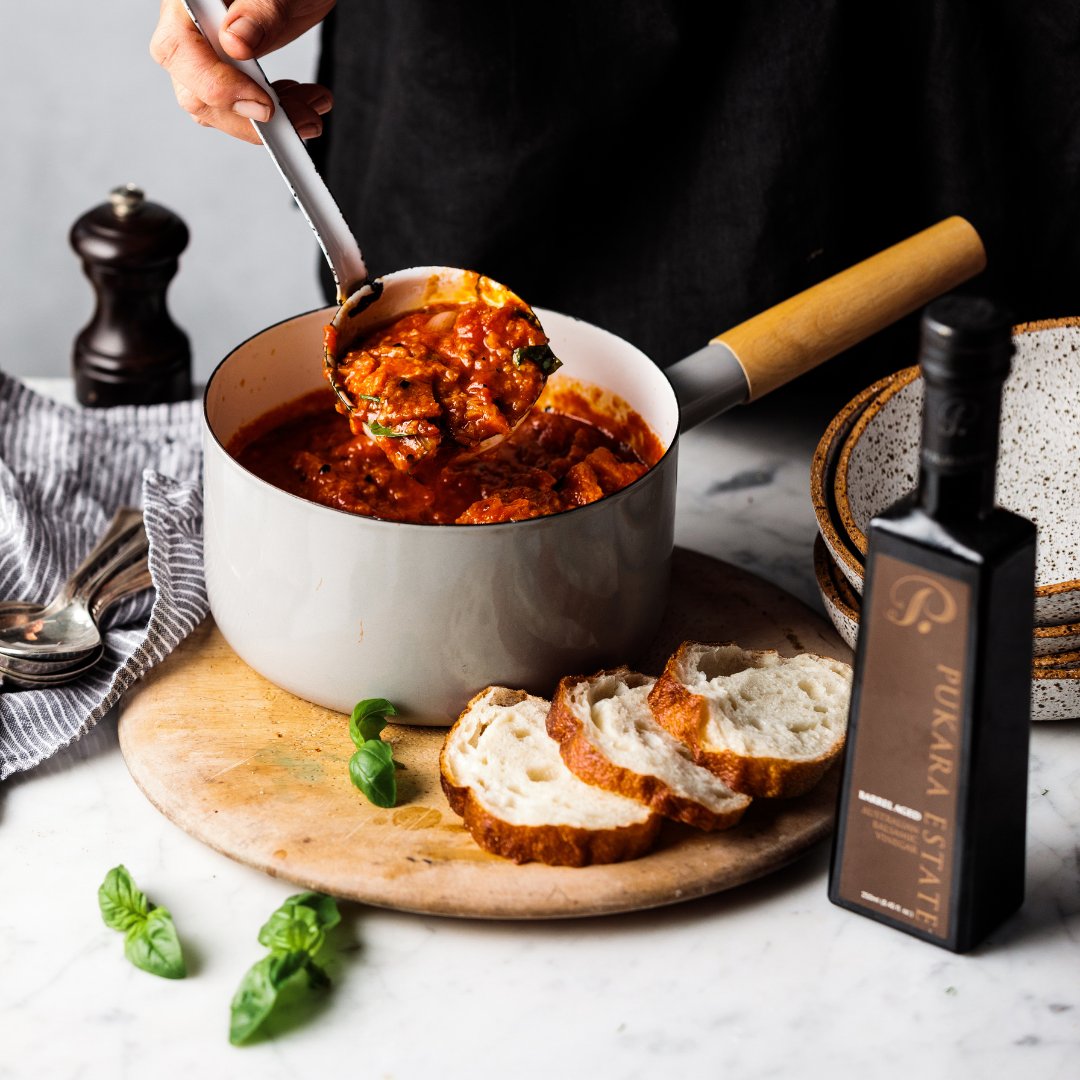 PukaraEstate's tweet photo. Who's in for a portion of Tuscan bread &amp; tomato soup to ward of Autumn's chill? Our barrel-aged balsamic vinegar helps brighten, balance and lift the flavours of the dish perfectly! https://t.co/wLXAbg5SeL