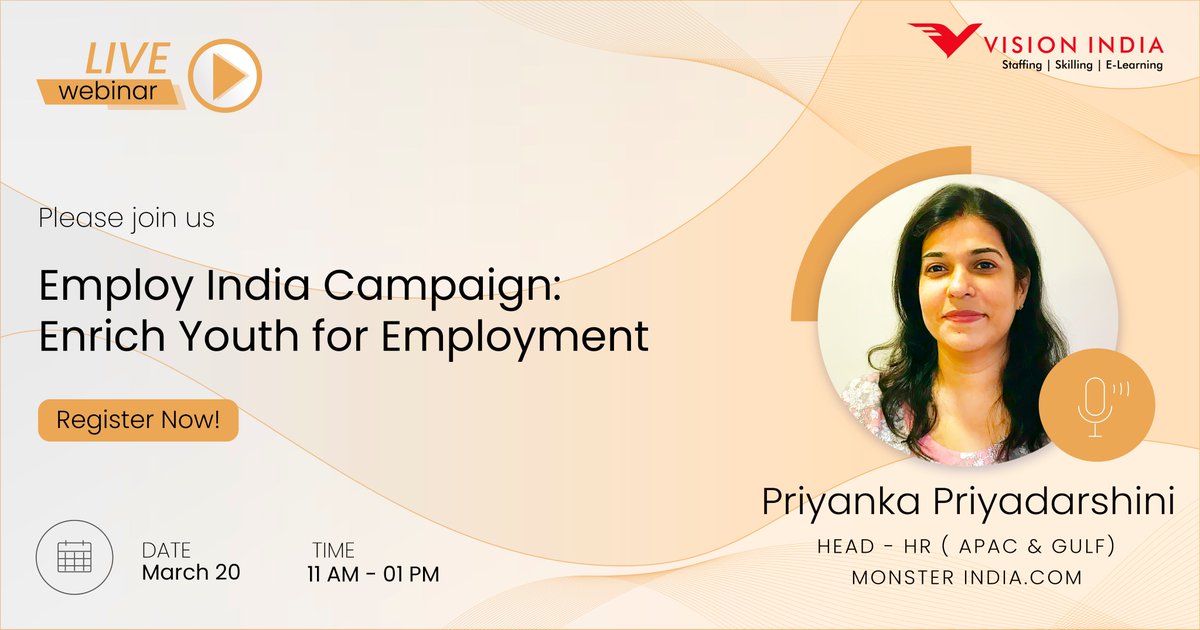 visionindiaspl's tweet photo. We are pleased to announce that Mrs. Priyanka Priyadarshini is joining us tomorrow 20 March at 11 AM as a keynote speaker in our #EmployIndiaCampaign.

Be The Difference, join our #EmployIndiaCampaign 

To more know and contribute, click here please : https://t.co/dNENEWCFMI https://t.co/GUFff7mZrB